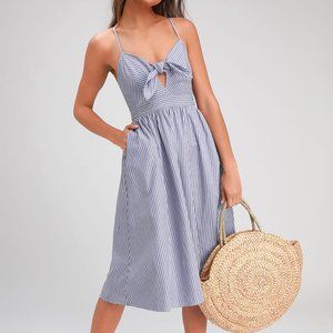 NEW Lulus Blue Striped Knotted Front Midi Dress With Pockets